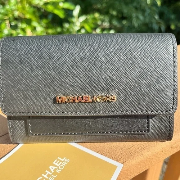 Michael Kors Black Flap Wallet With Removable Card Case MK Logo NWT